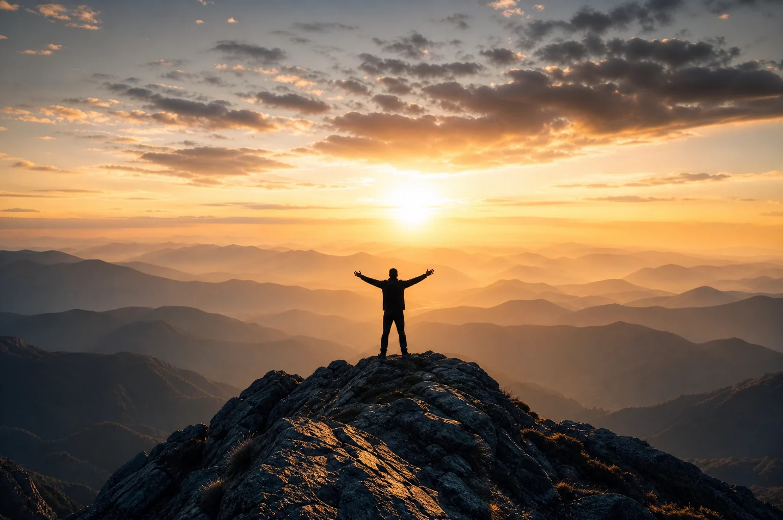 A person silhouetted on a mountain summit at sunrise, arms raised toward layered ridgelines