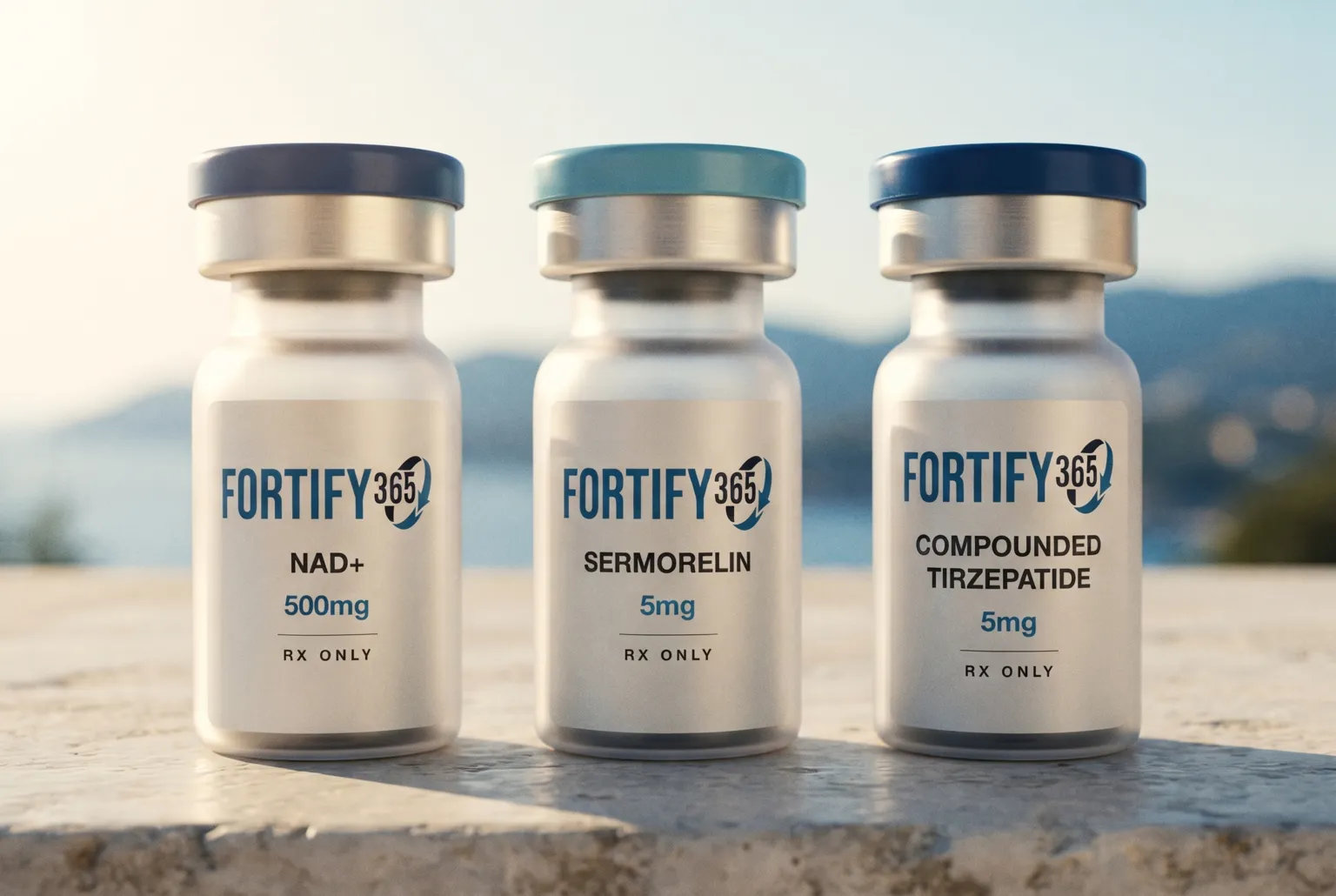 Three Fortify 365 vials in a row — NAD+, sermorelin, and compounded tirzepatide