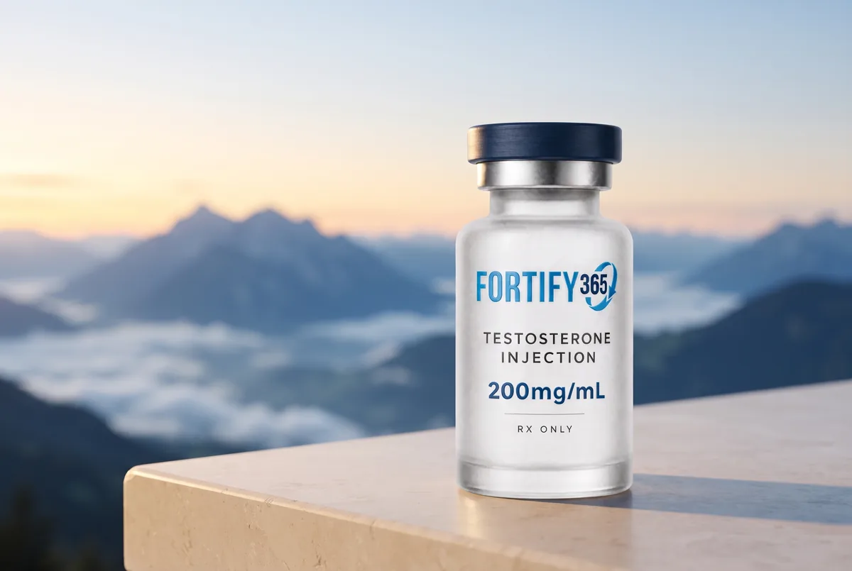 Fortify 365 Testosterone vial above misty mountain peaks at dawn