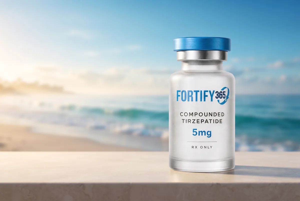 Fortify 365 Compounded Tirzepatide vial on a bright beach