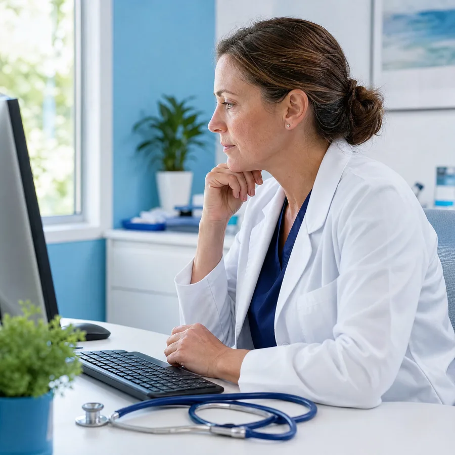 A licensed physician reviewing a patient's intake